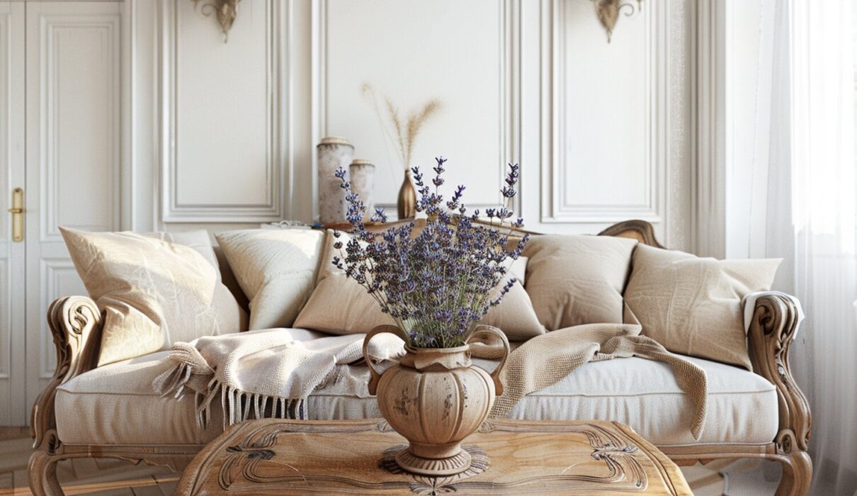 Klasyczna sofa z bukietem lawendy na zdobionym stoliku