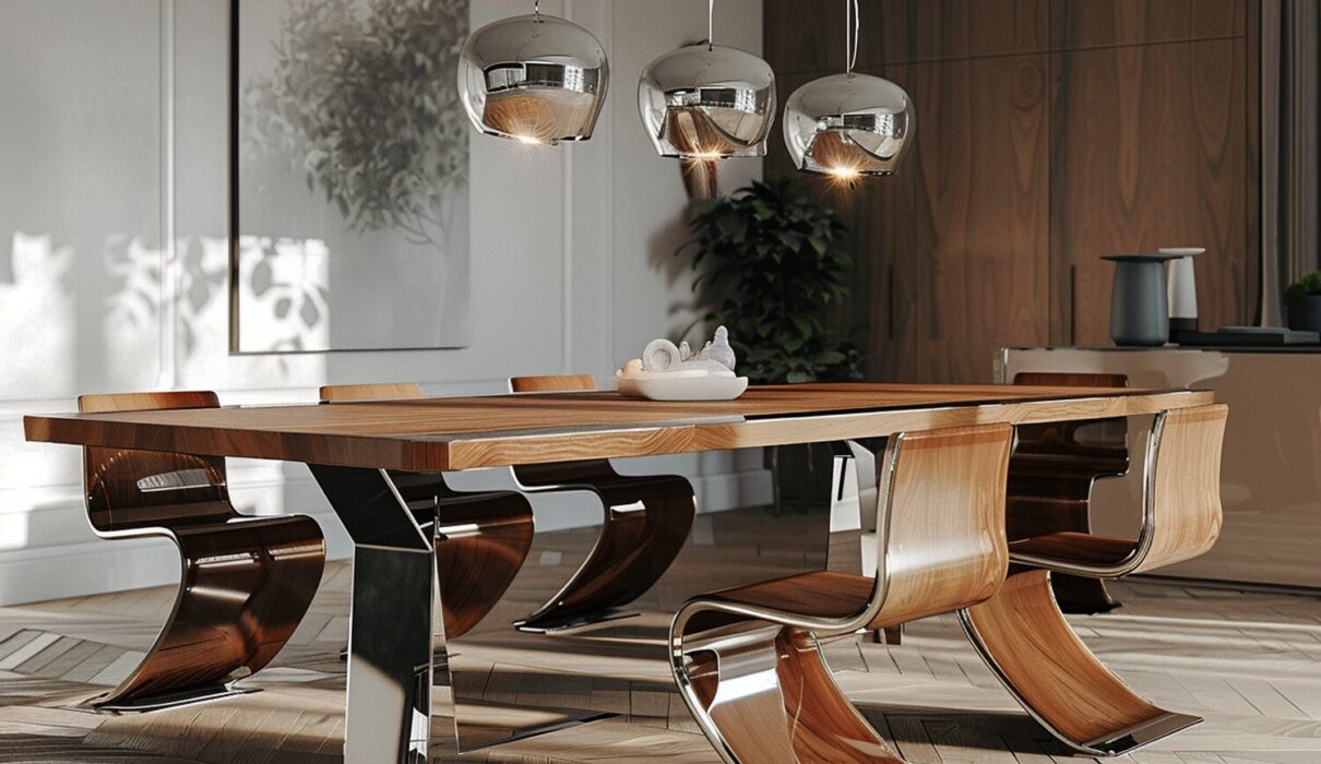 Designerska jadalnia z drewnianym stołem i chromowanymi lampami kulowymi