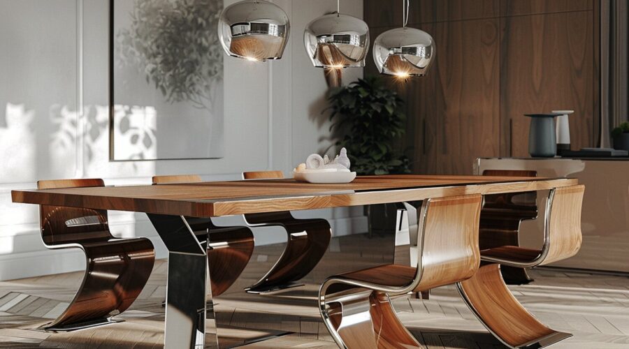 Designerska jadalnia z drewnianym stołem i chromowanymi lampami kulowymi