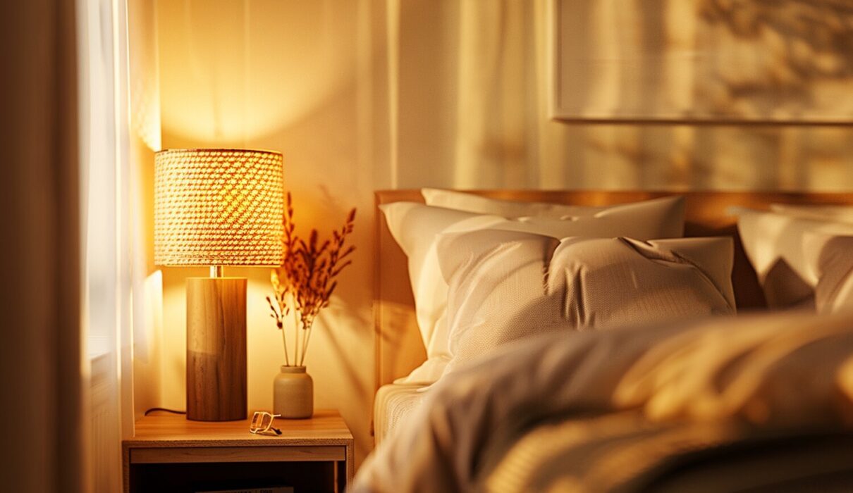 Przytulna sypialnia z drewnianą lampką nocną emitującą ciepłe światło