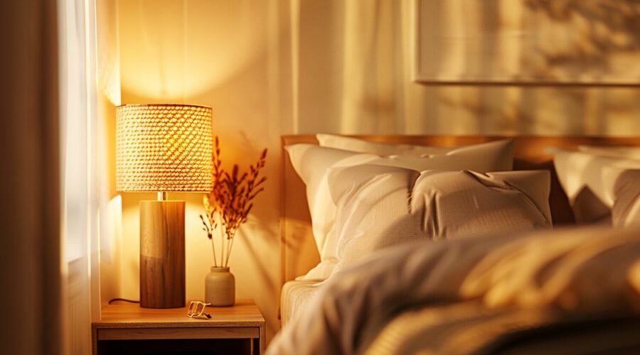 Przytulna sypialnia z drewnianą lampką nocną emitującą ciepłe światło
