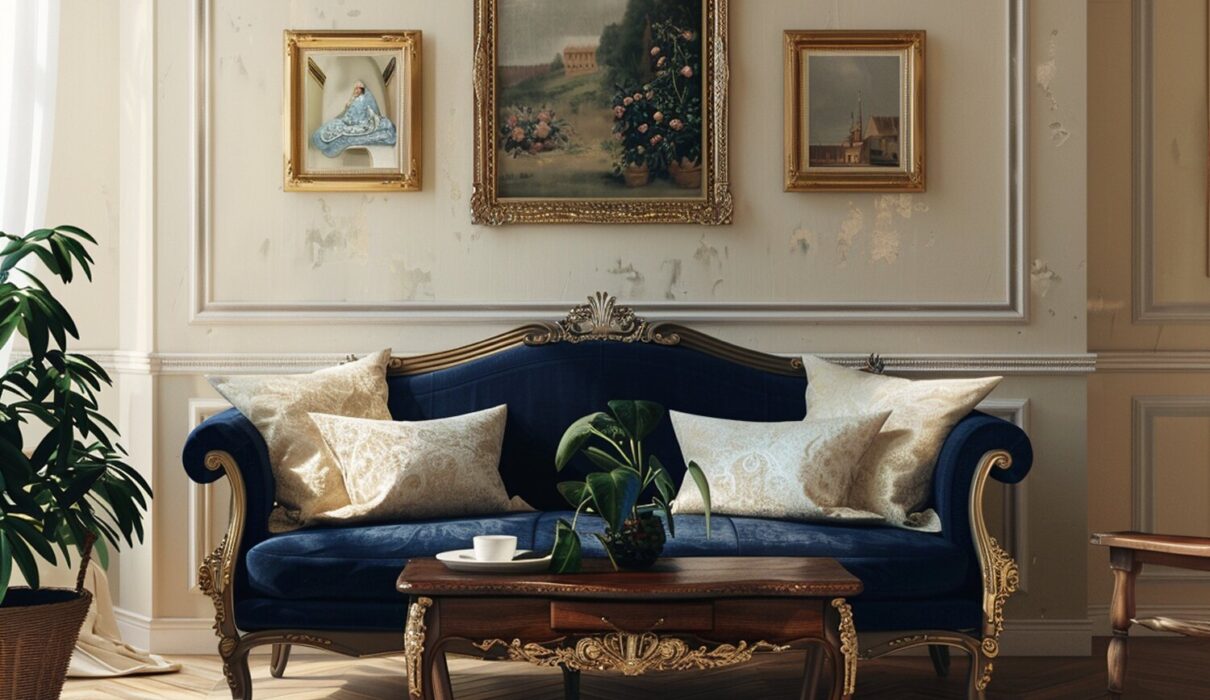 Barokowa sofa granatowa ze złotymi zdobieniami i obrazami