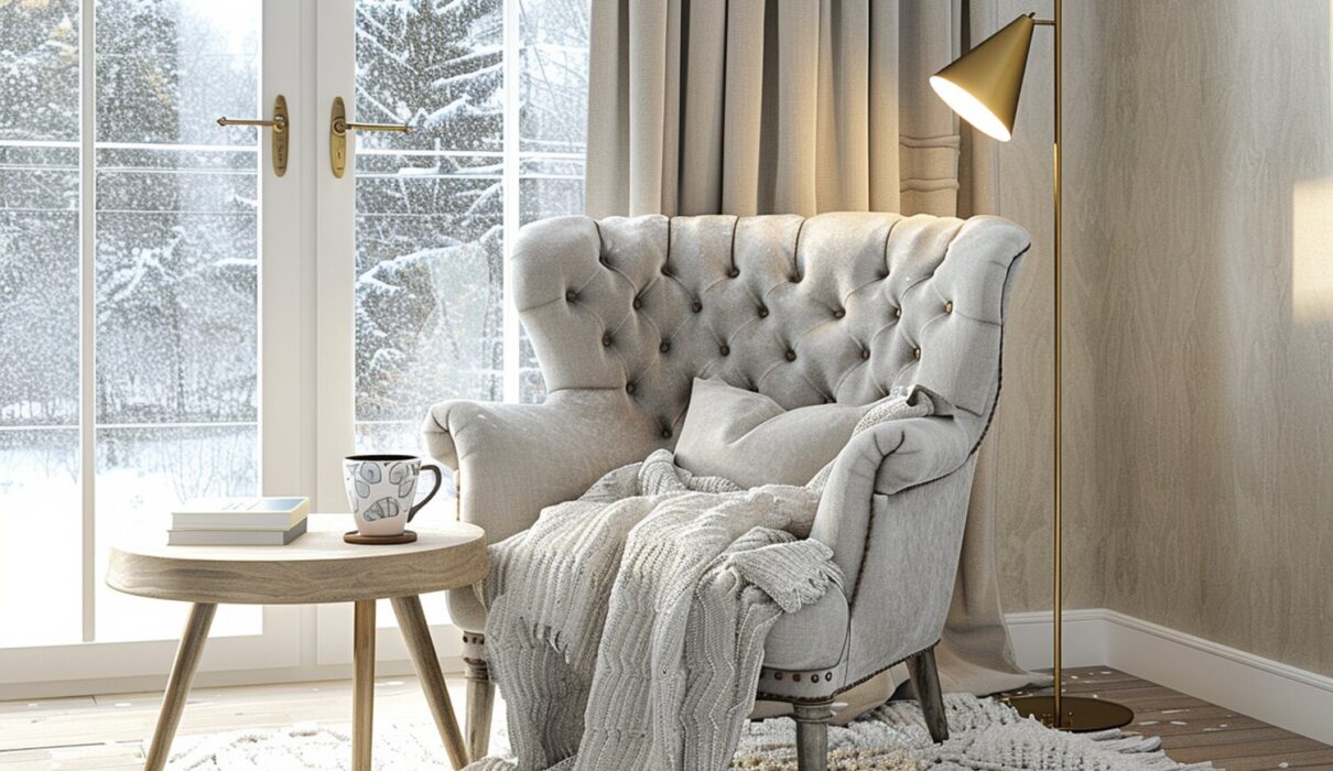 Przytulny kącik do czytania z pikowanym fotelem i złotą lampą