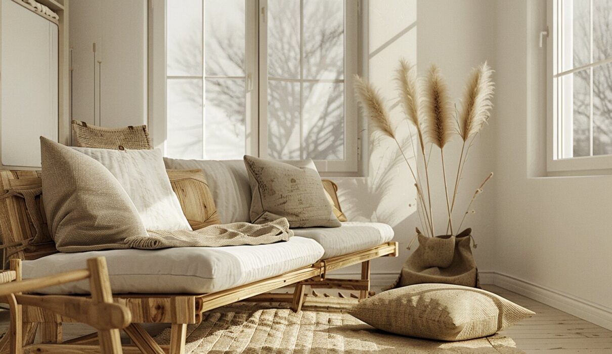 Boho salon z drewnianą sofą trawami pampasowymi i jutowym dywanem