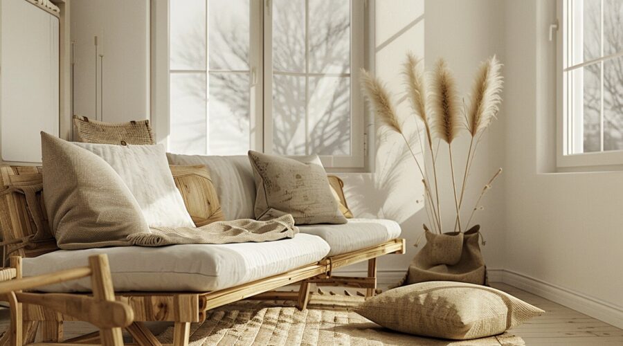 Boho salon z drewnianą sofą trawami pampasowymi i jutowym dywanem