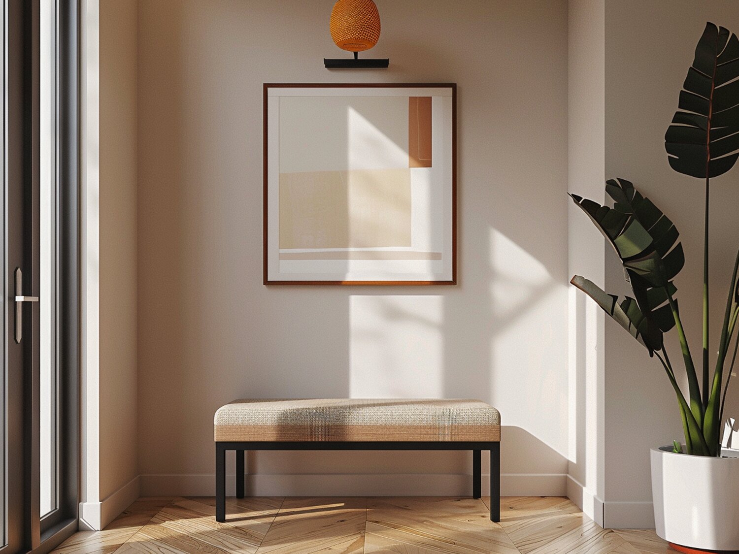 Minimalistyczny przedpokój z tapicerowaną ławką i abstrakcyjnym obrazem