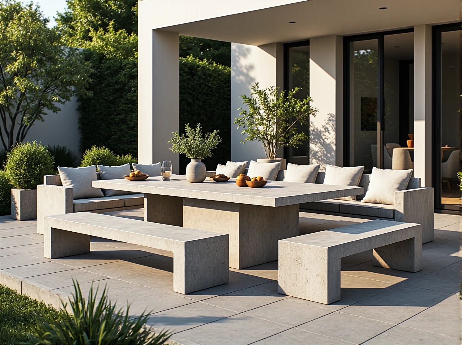 Betonowy zestaw ogrodowy ze stołem i ławkami na nowoczesnym tarasie
