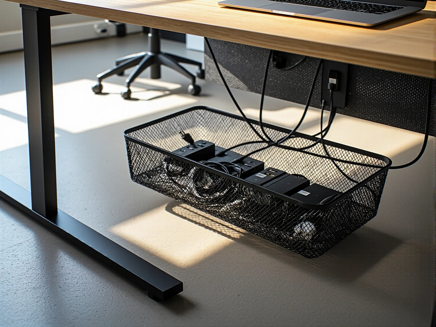 Biurko z systemem zarządzania kablami idealne do nowoczesnej przestrzeni wspólnej.