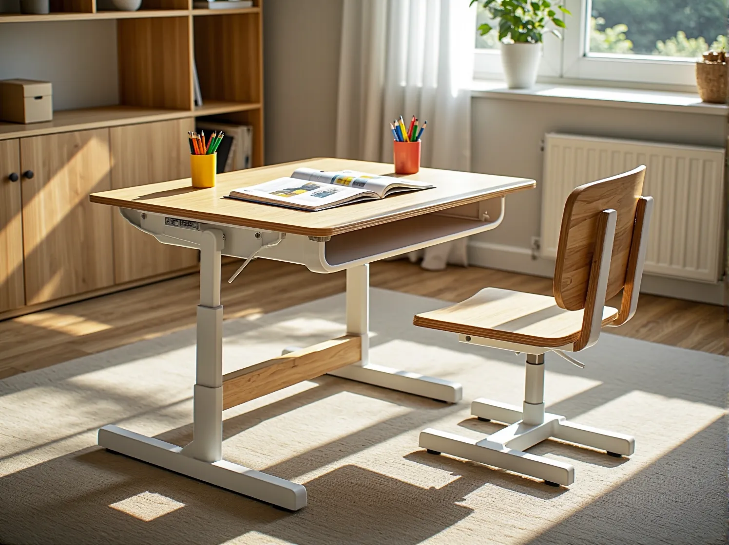 Biurko dla dziecka z regulacją wysokości blatu i ergonomicznym krzesłem.