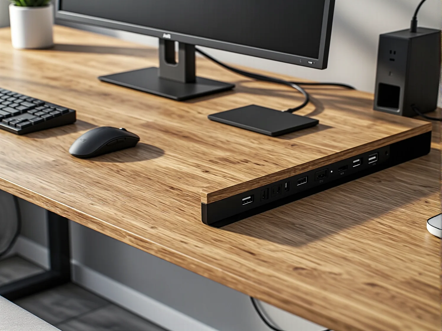 Nowoczesne biurko coworkingowe z wbudowanymi portami USB i gniazdami.