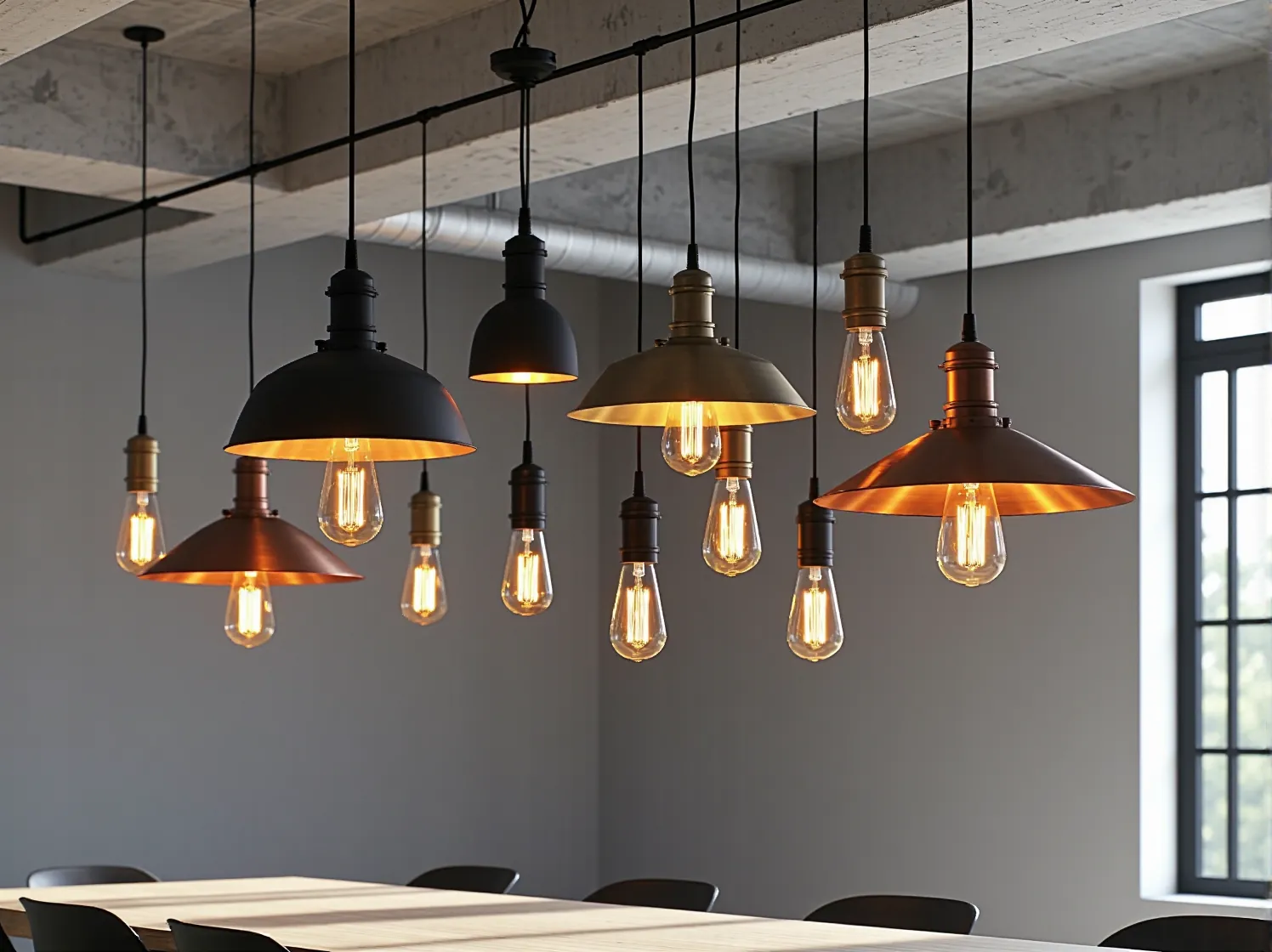 Czarne lampy wiszące nad stołem w jadalni industrialnej, surowe oświetlenie loftowe.