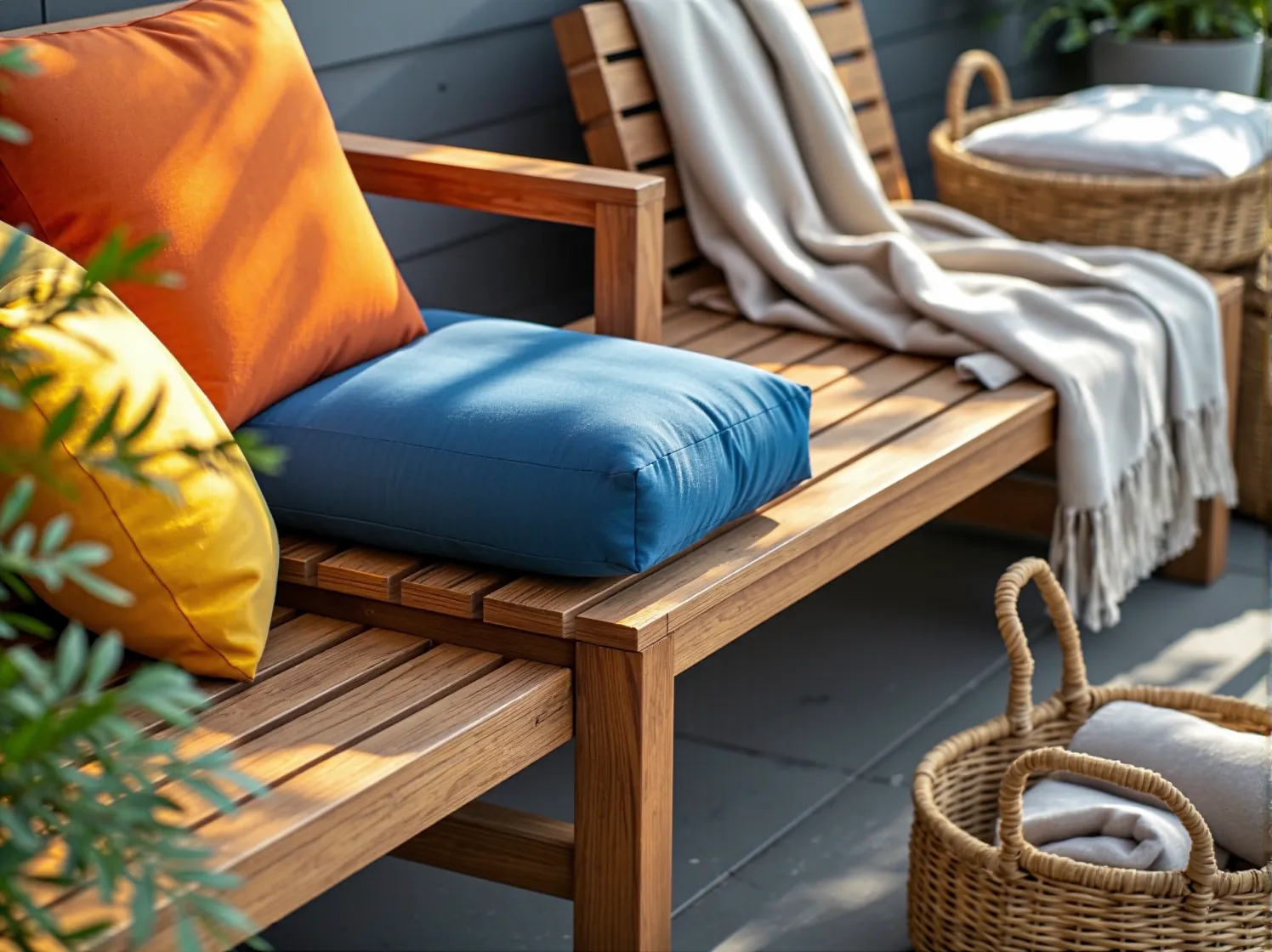 Drewniany stół i krzesła ogrodowe na słonecznym tarasie – inspiracja do relaksu na świeżym powietrzu.