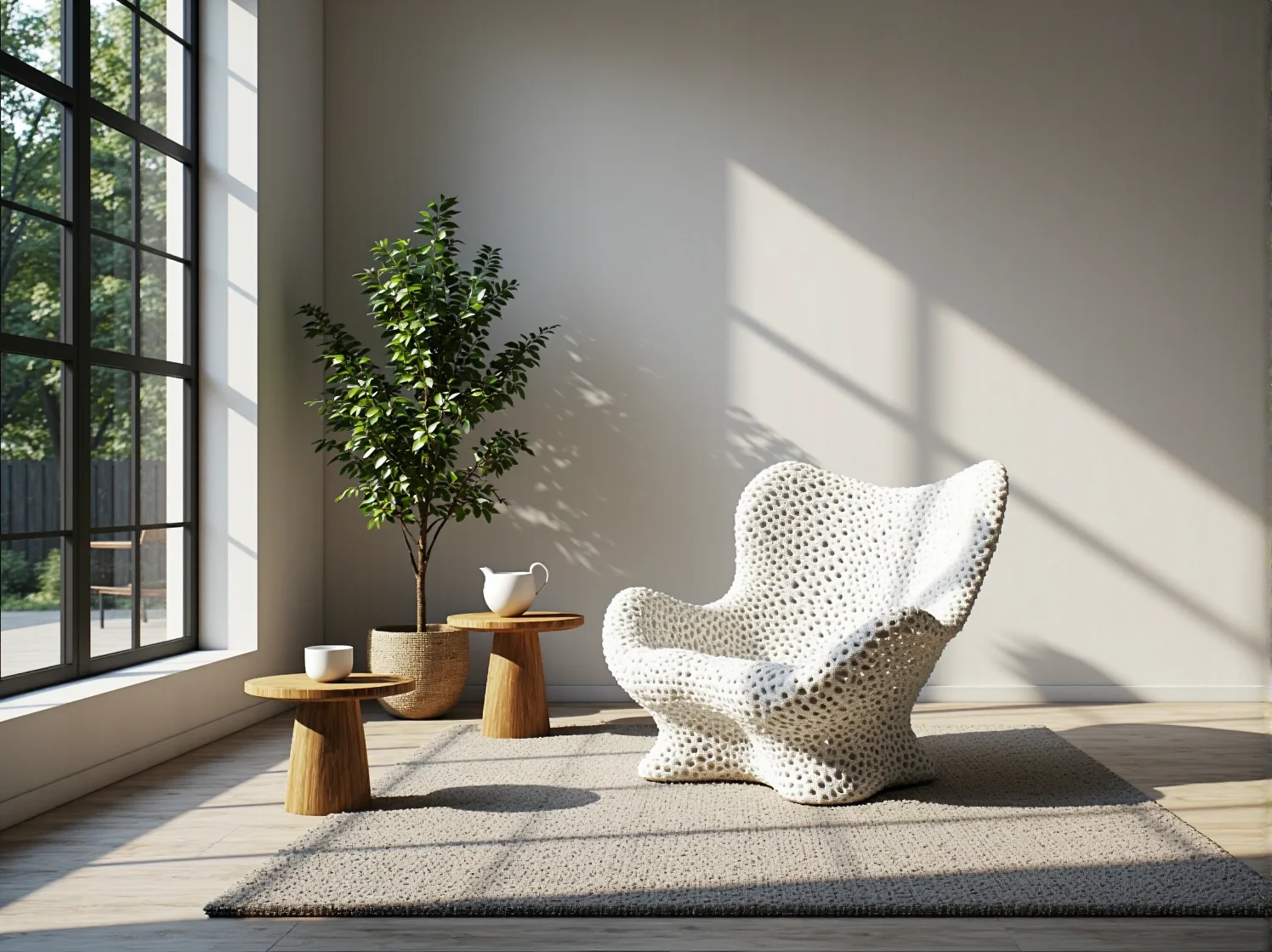 Fotel designerski drukowany 3D biały ażurowy przy stolikach drewnianych