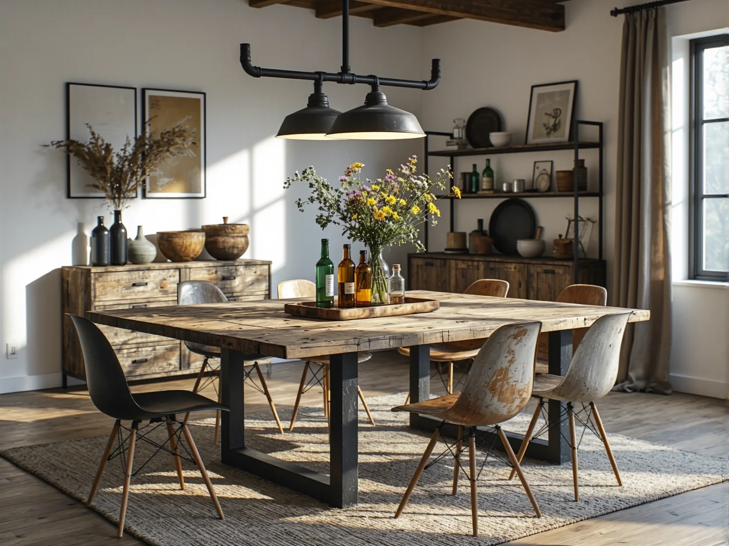 Stylowe i ekologiczne meble z recyklingu w jasnym, nowoczesnym pokoju dziennym.