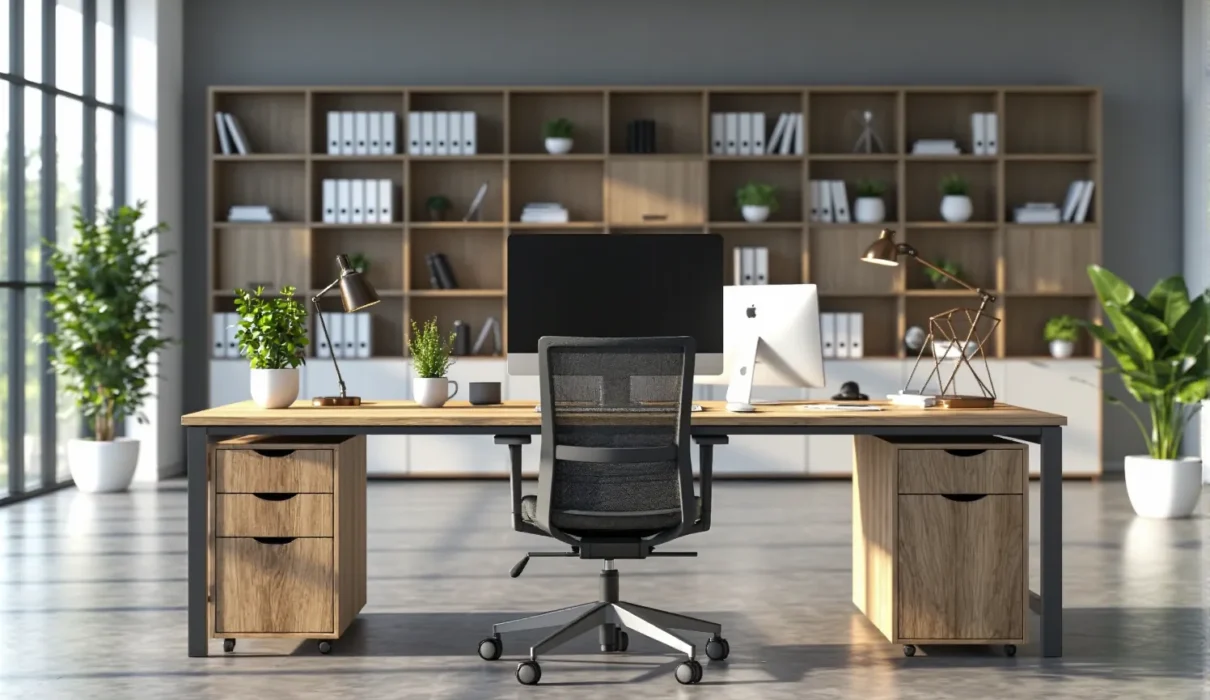 Biuro z biurkiem dębowym i czarnym krzesłem ergonomicznym przy regale