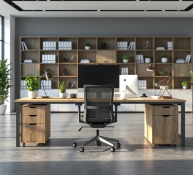 Biuro z biurkiem dębowym i czarnym krzesłem ergonomicznym przy regale