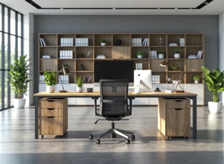 Biuro z biurkiem dębowym i czarnym krzesłem ergonomicznym przy regale