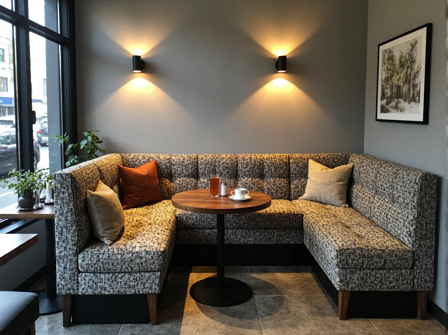 Ergonomiczne loże i lady barowe do lokalu gastronomicznego optymalizujące dostępną przestrzeń.