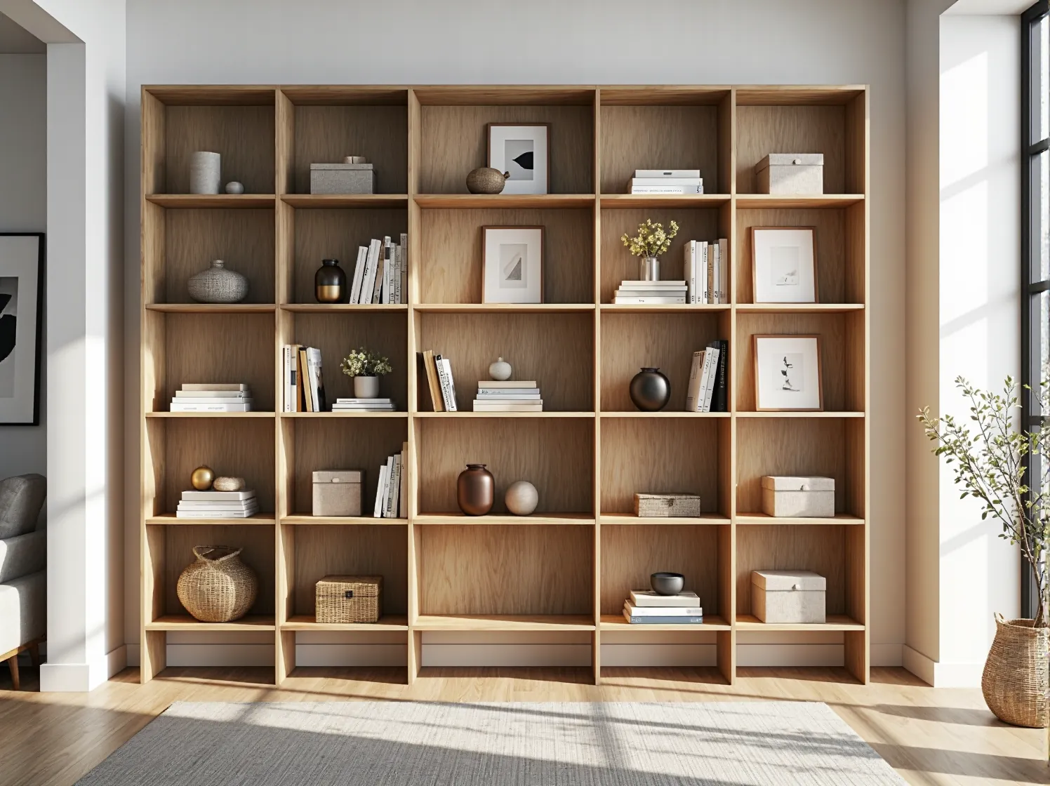 Funkcjonalny regał skandynawski z półkami na książki i rośliny – organizacja wnętrza