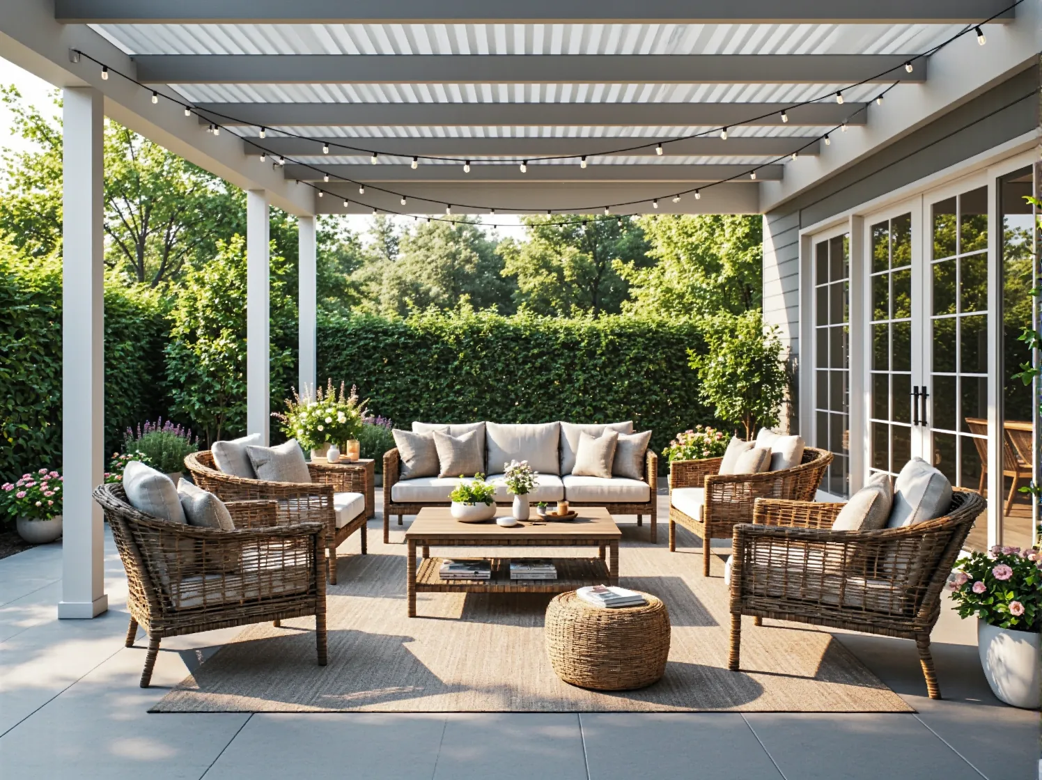 Taras z rattanowymi meblami ogrodowymi i girlandą świetlną pod pergolą
