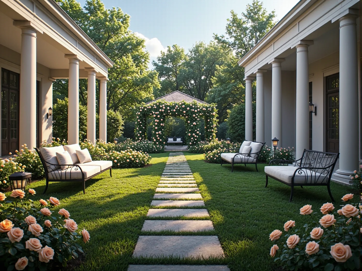Elegancki ogród z kutymi meblami i różami przy kamiennej alejce