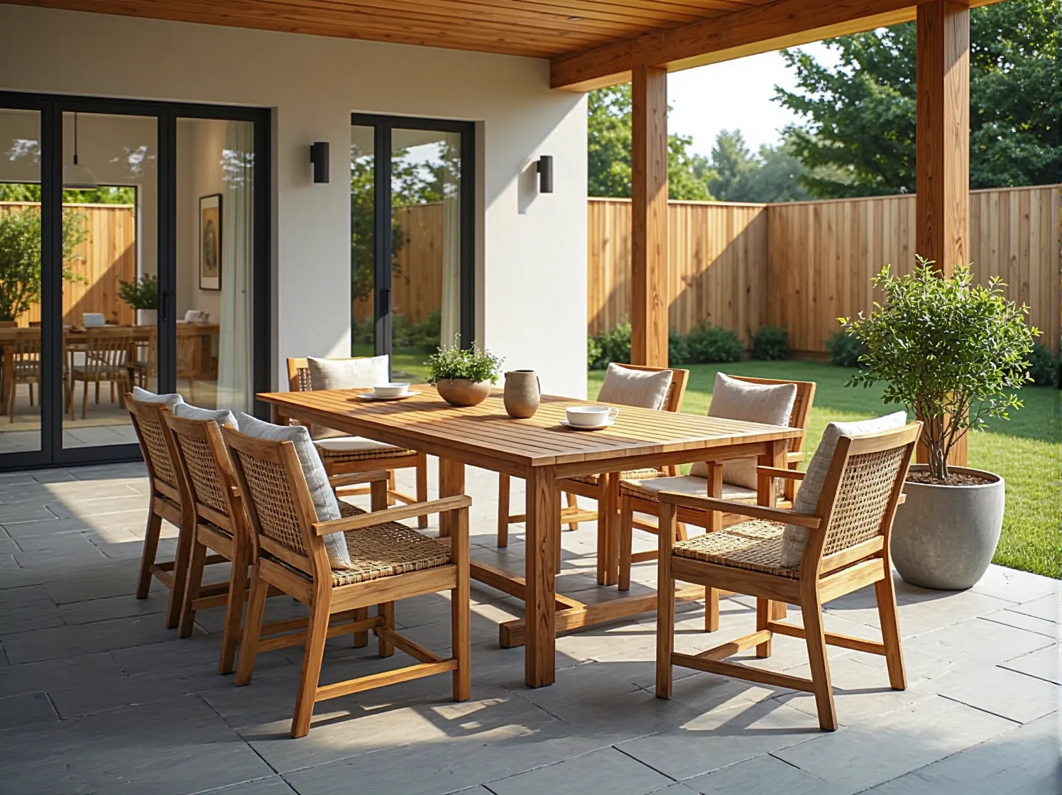 Taras z drewnianym stołem i krzesłami z plecionką pod zadaszeniem