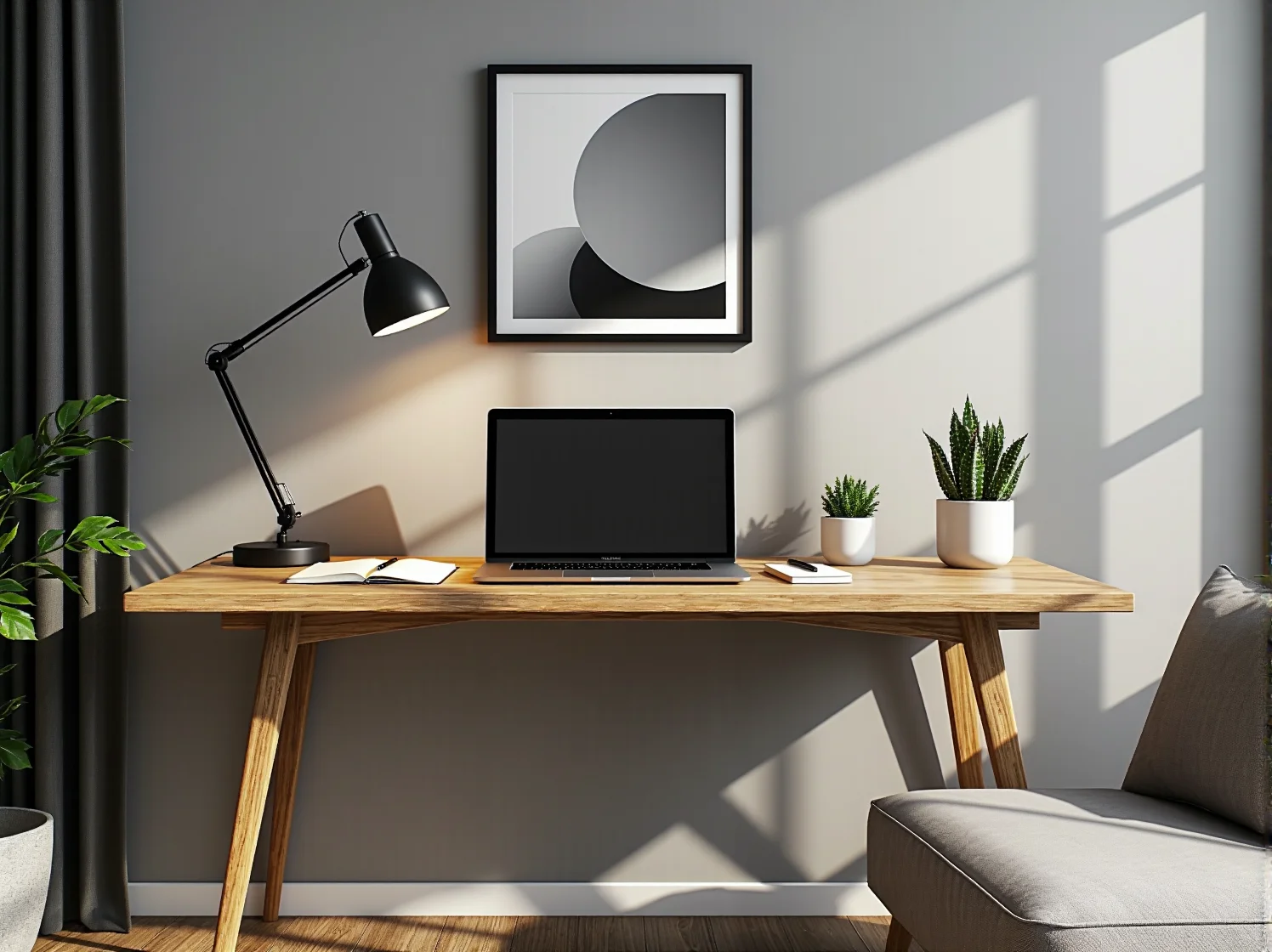 Kompaktowy kącik do pracy w bloku z biurkiem umieszczonym we wnęce salonu.