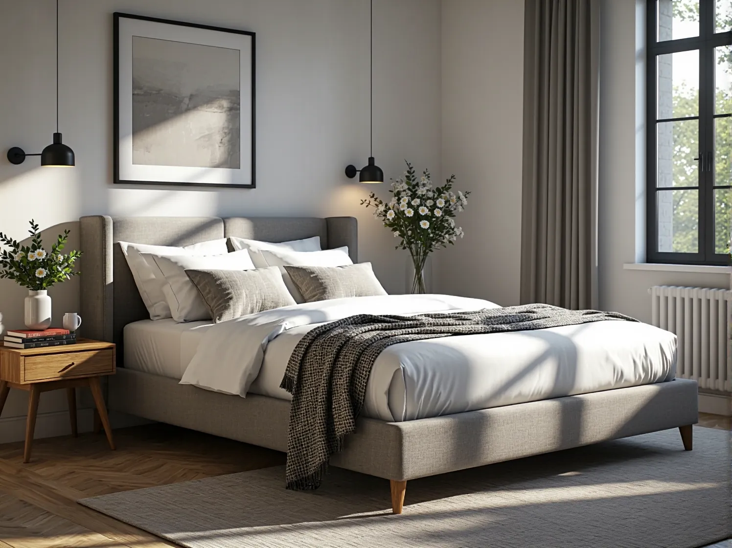 Klasyczna sypialnia z dużym łóżkiem kontynentalnym, zapewniająca najwyższy komfort snu.