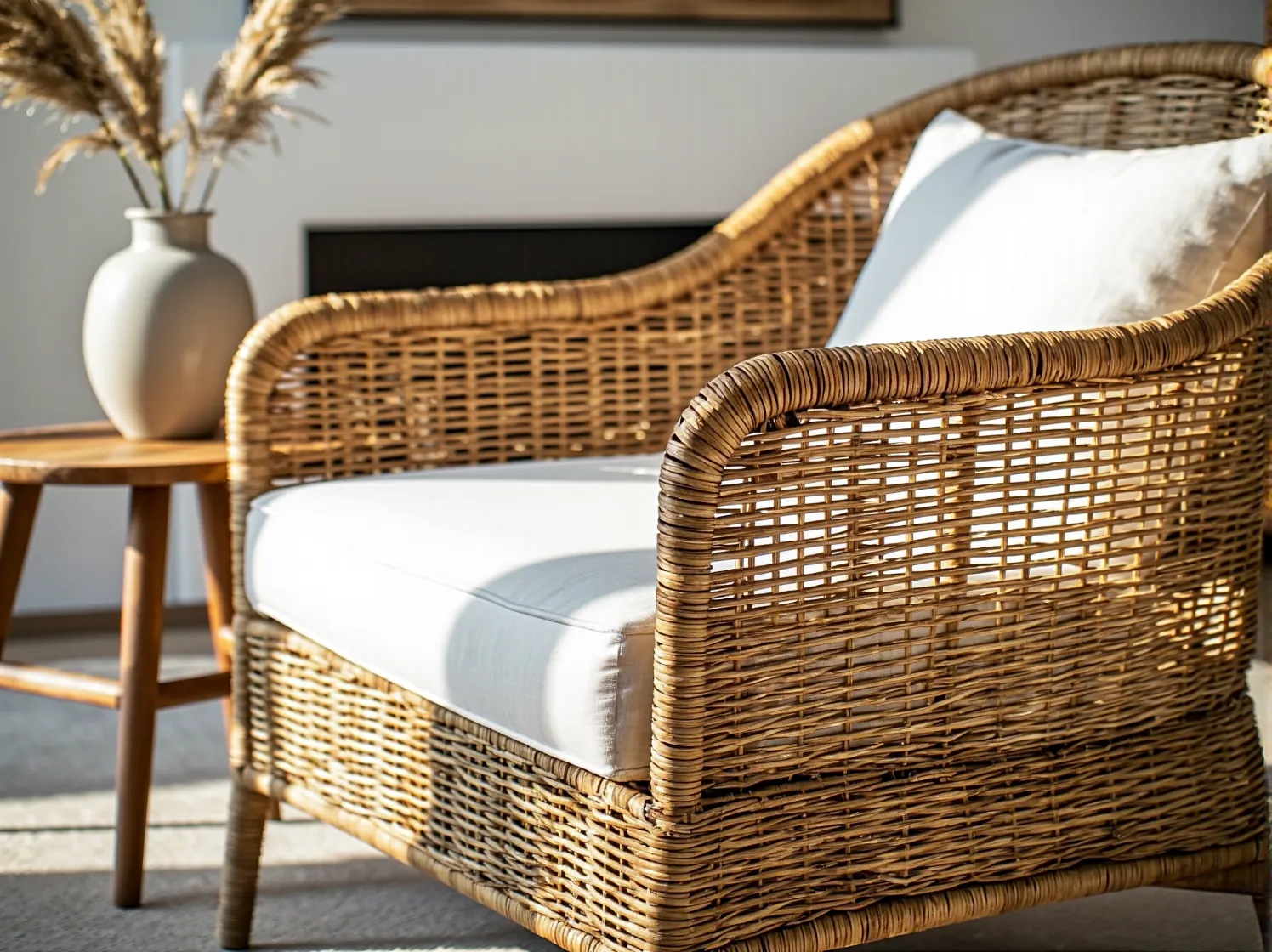 Stylowy komplet wypoczynkowy z rattanu na nowoczesnym tarasie otoczonym zielenią.
