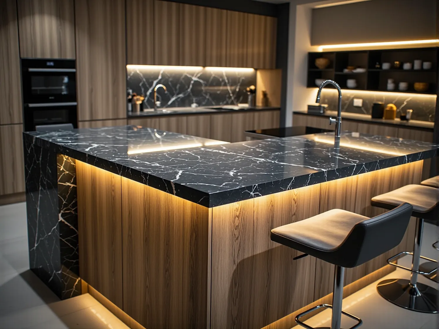 Funkcjonalna kuchnia z oświetleniem LED pod szafkami wiszącymi, ułatwiająca pracę.