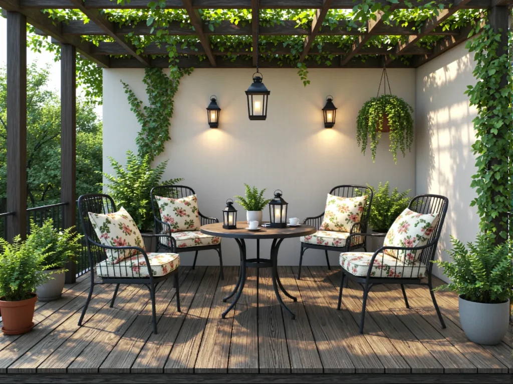Taras z metalowymi krzesłami i lampionami vintage pod pergolą z pnączami