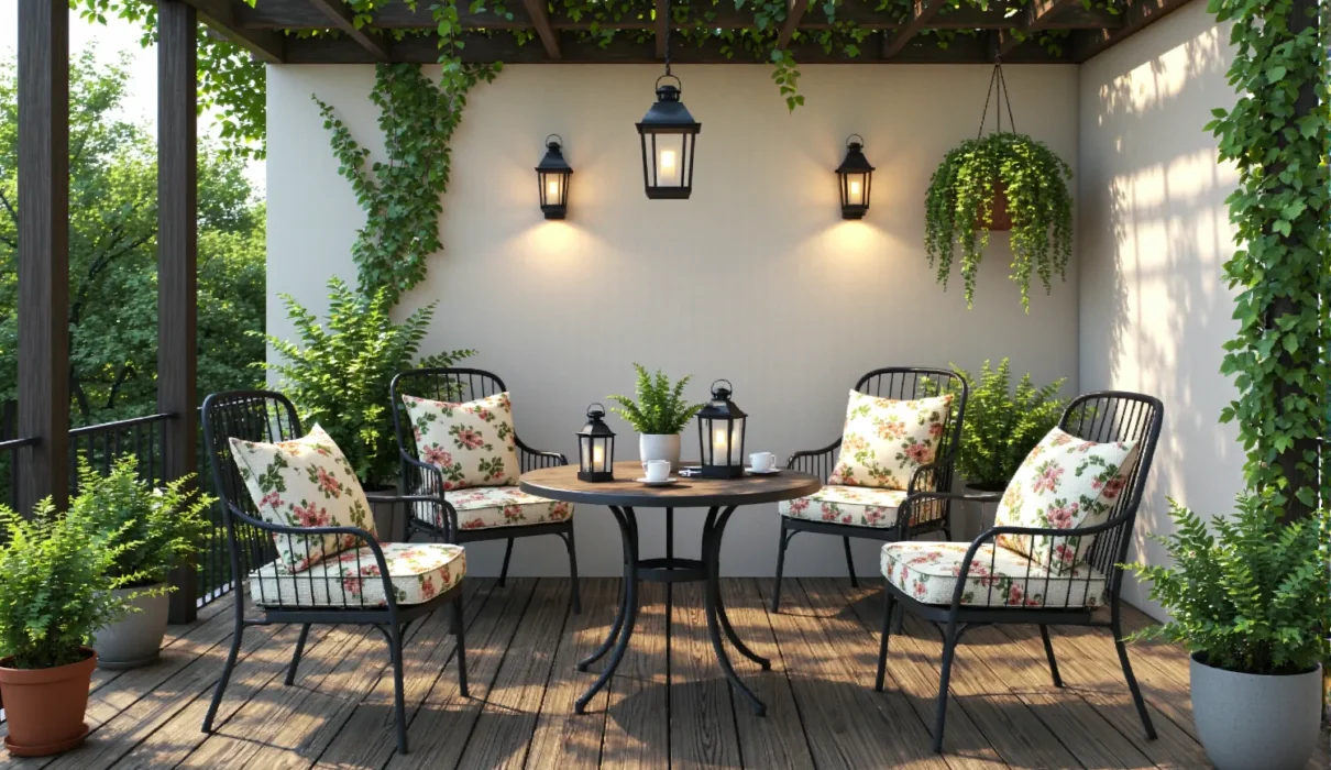 Taras z metalowymi krzesłami i lampionami vintage pod pergolą z pnączami
