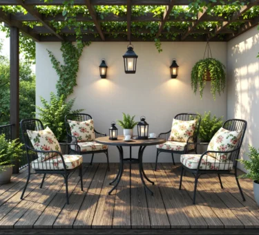 Taras z metalowymi krzesłami i lampionami vintage pod pergolą z pnączami