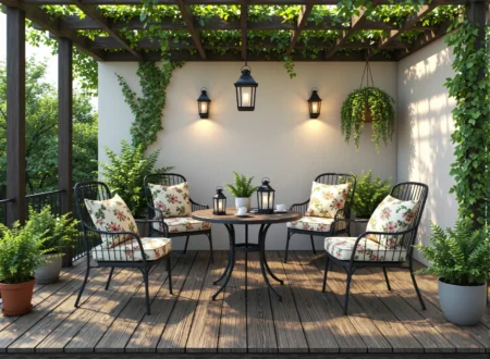 Taras z metalowymi krzesłami i lampionami vintage pod pergolą z pnączami