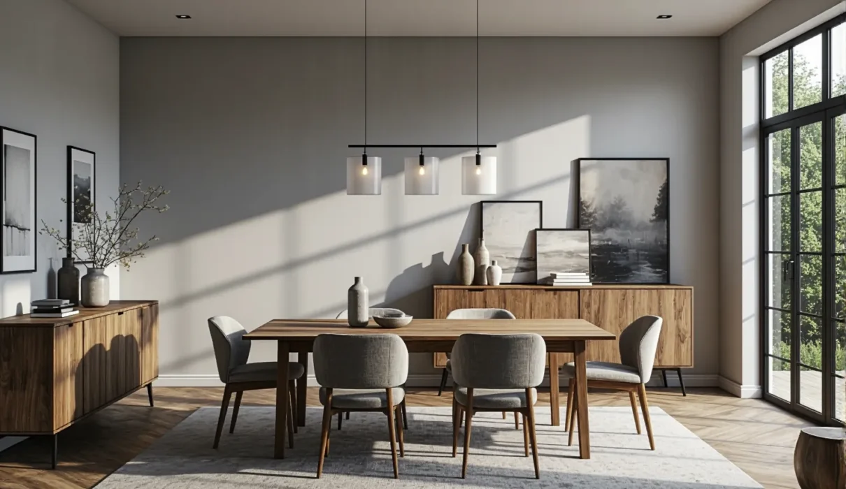 Jadalnia z drewnianym stołem i lampą trzypunktową z abażurami szklanymi