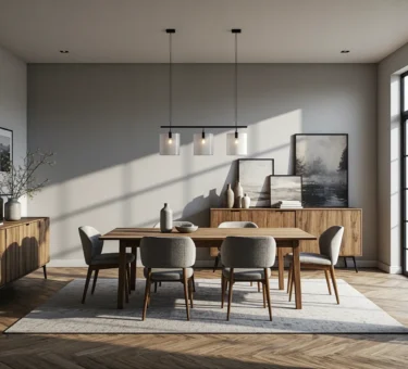 Jadalnia z drewnianym stołem i lampą trzypunktową z abażurami szklanymi