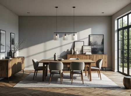 Jadalnia z drewnianym stołem i lampą trzypunktową z abażurami szklanymi