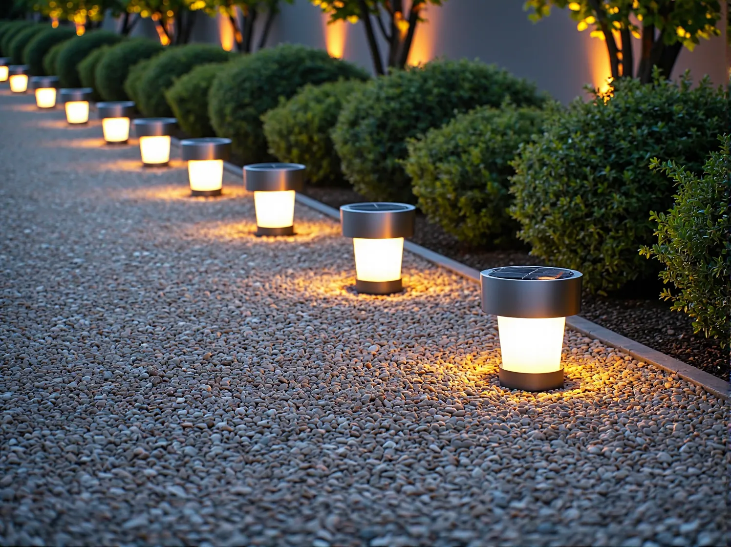 Ścieżka ogrodowa oświetlona eleganckimi słupkami solarnymi wzdłuż nowoczesnego trawnika.