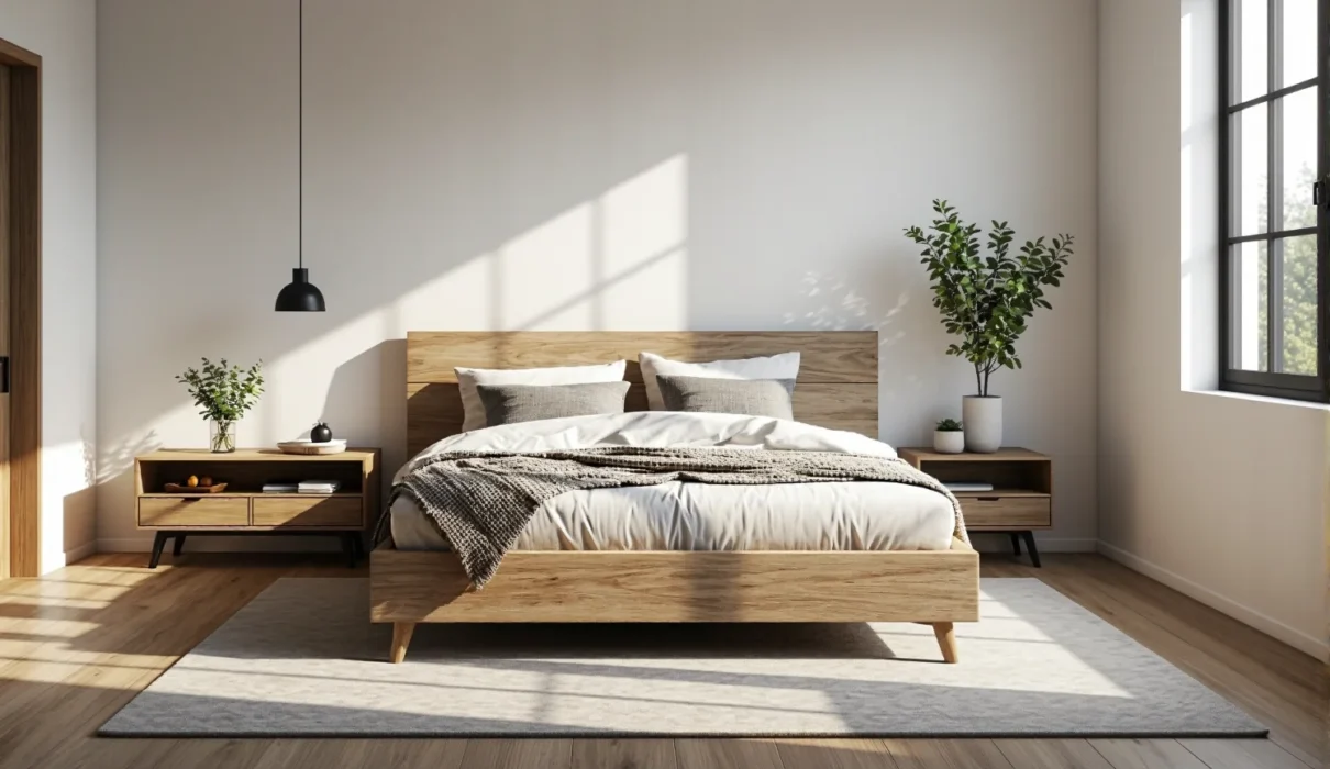 Jasna sypialnia skandynawska z drewnianym łóżkiem i szafkami nocnymi
