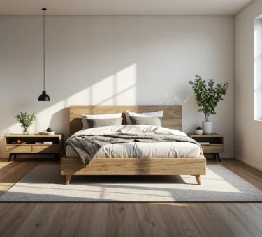 Jasna sypialnia skandynawska z drewnianym łóżkiem i szafkami nocnymi