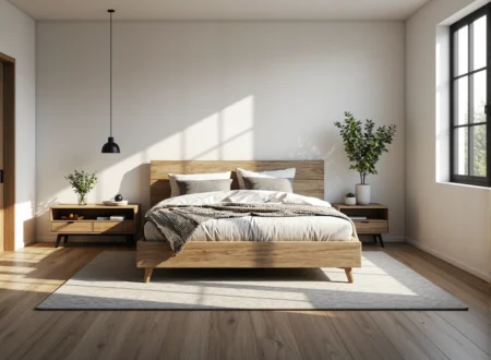 Jasna sypialnia skandynawska z drewnianym łóżkiem i szafkami nocnymi