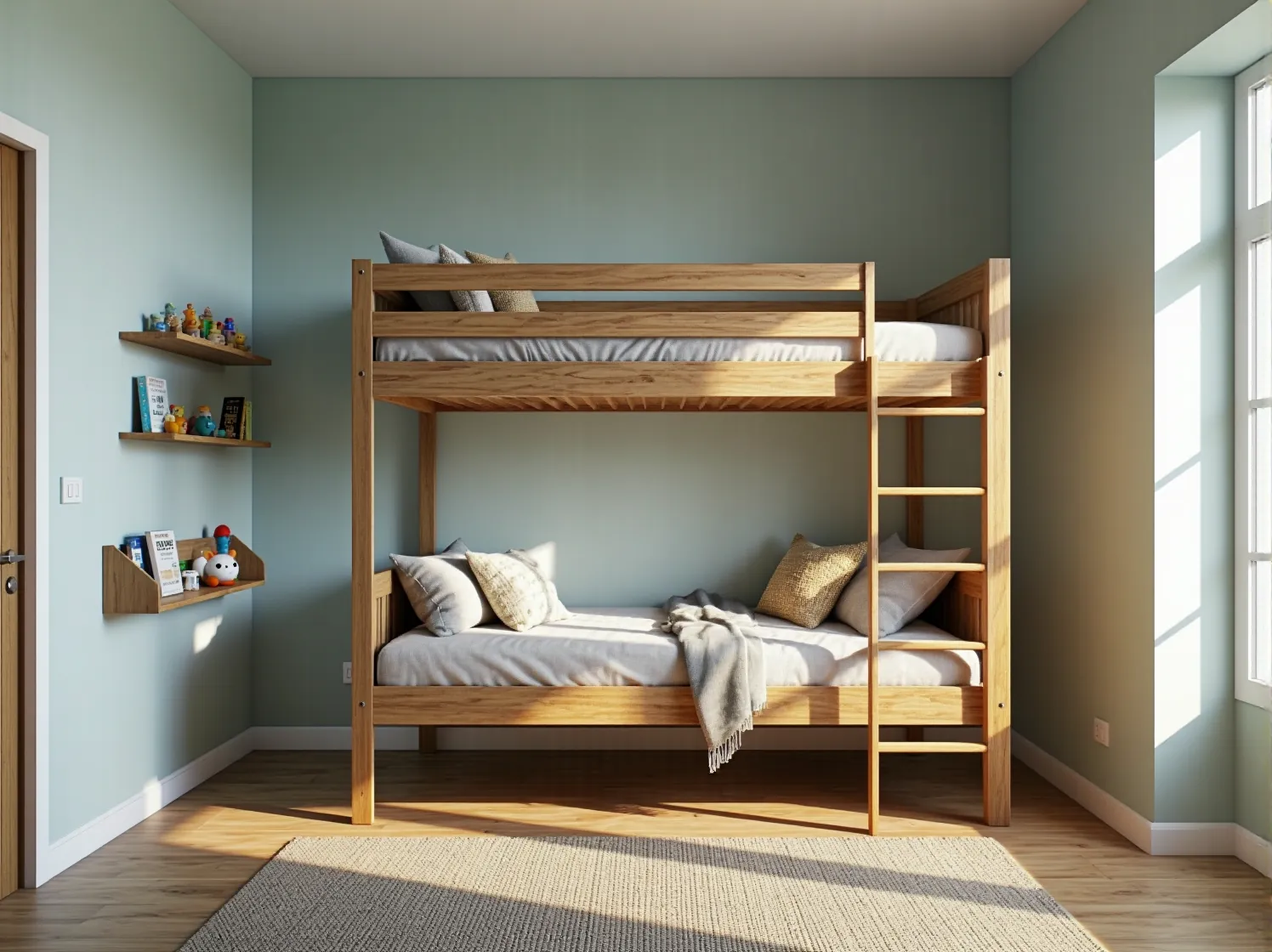 Stabilne łóżko piętrowe z wbudowanymi szufladami i drabinką dla dzieci.