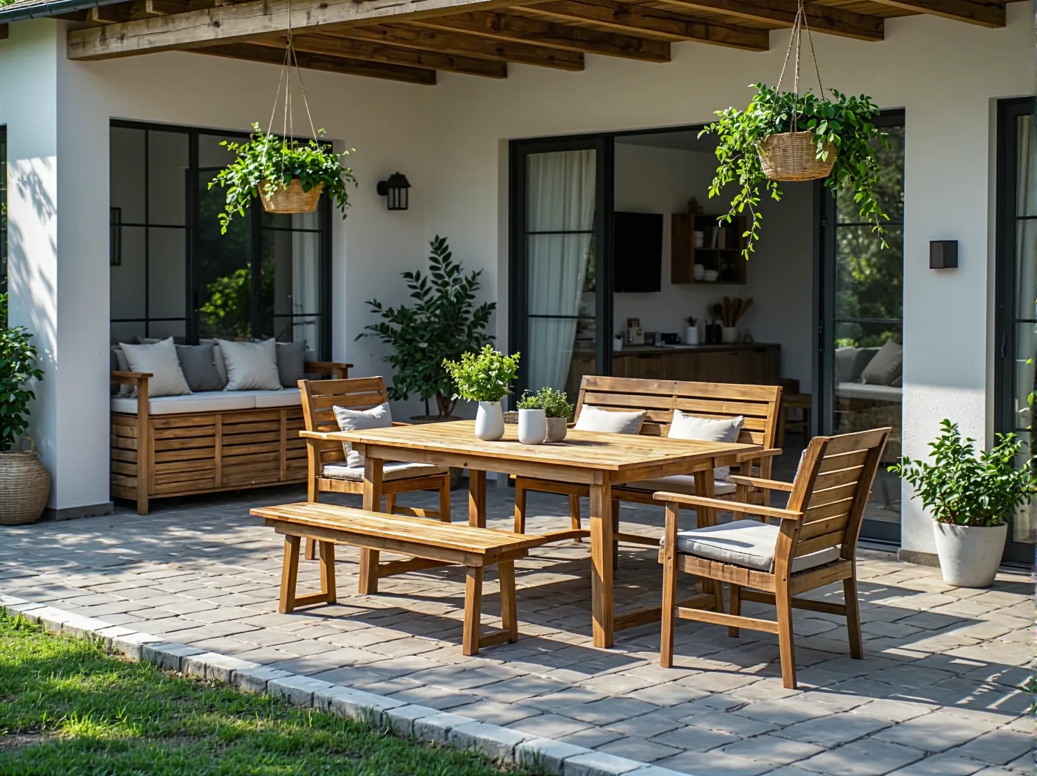 Taras z drewnianym stołem i krzesłami pod pergolą z roślinami wiszącymi