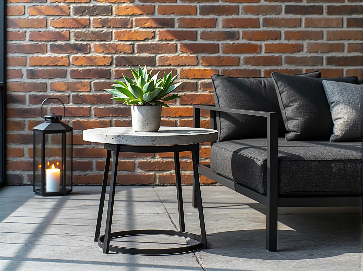 Meble tarasowe z drewna i metalu na tle surowej, ceglanej ściany w industrialnej aranżacji.