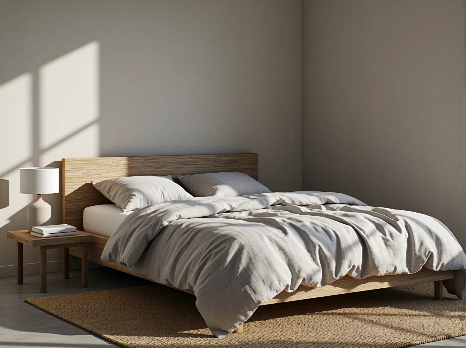 Jasne meble minimalistyczne wykonane z naturalnego drewna w surowym, eleganckim wnętrzu.