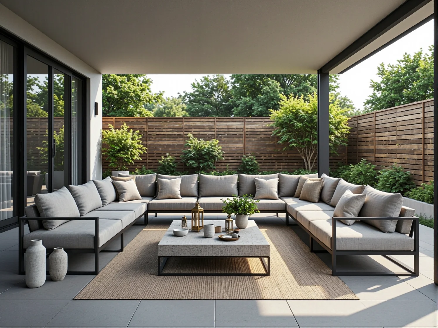 Taras z modułowymi sofami na metalowej ramie z szarymi poduszkami