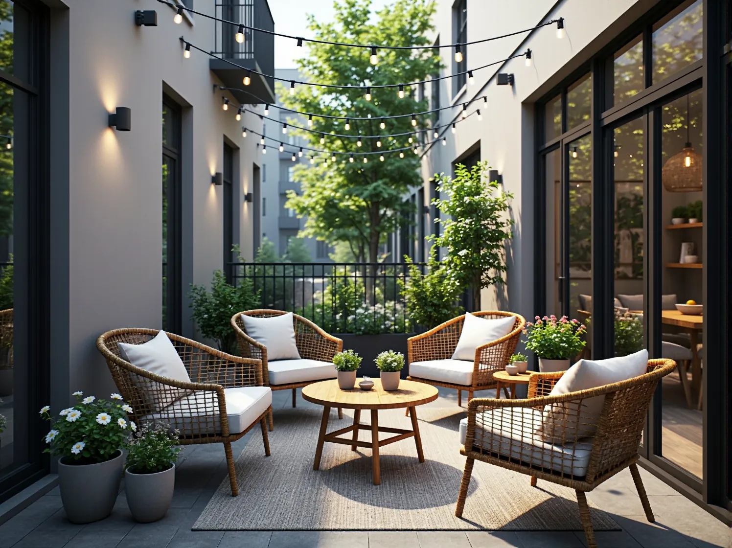 Balkon z rattanowymi fotelami i stolikiem pod girlandą świetlną