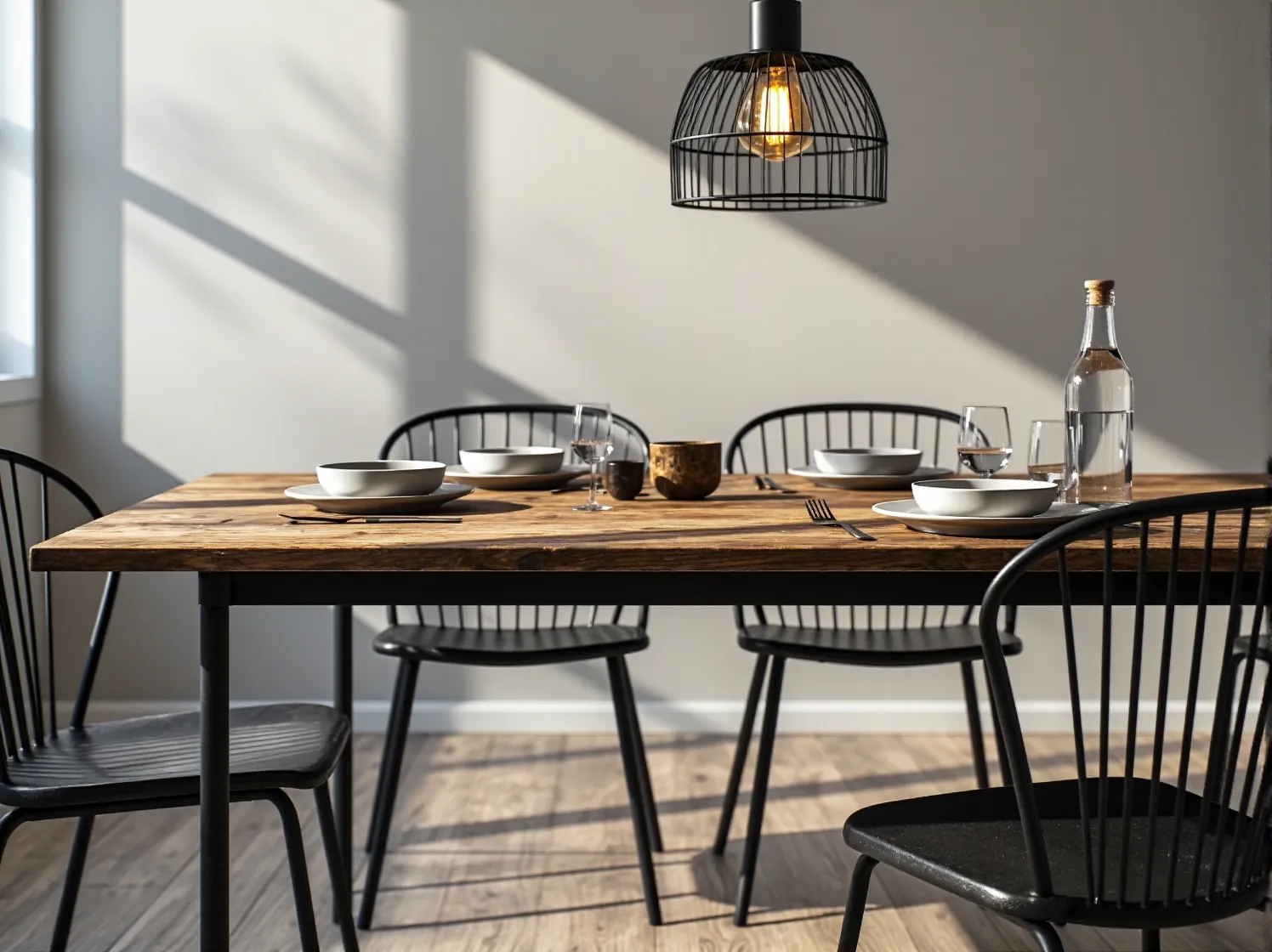 Metalowa lampa wisząca o surowym designie w jadalni typu loft.