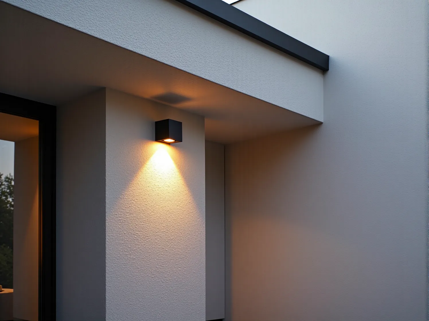 Minimalistyczne oprawy elewacyjne zapewniające nastrojowe światło na nowoczesnym tarasie.