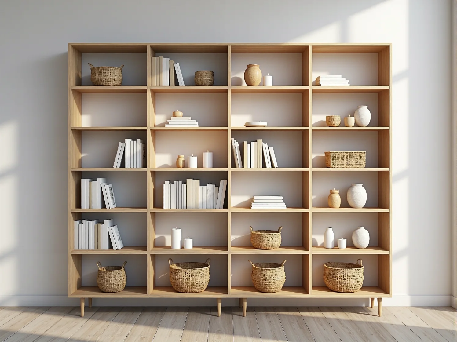 Minimalistyczny design regału skandynawskiego w nowoczesnym wnętrzu – białe i drewniane elementy